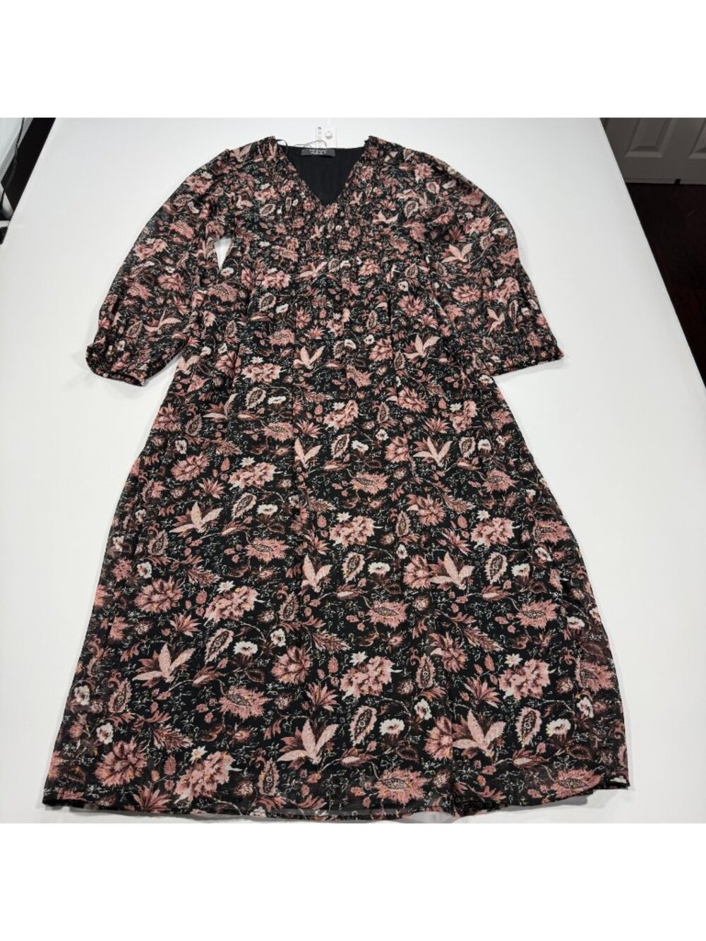 Primark Dress Women's 12 Black Floral Polyester Chiffon Maxi Smocked Side Slit